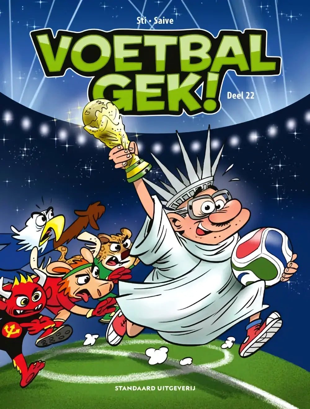 Cartoonfiguur in de stijl van beeld van vrijheid met bril, gouden trofee en voetbal voor wk-special strips algemeen