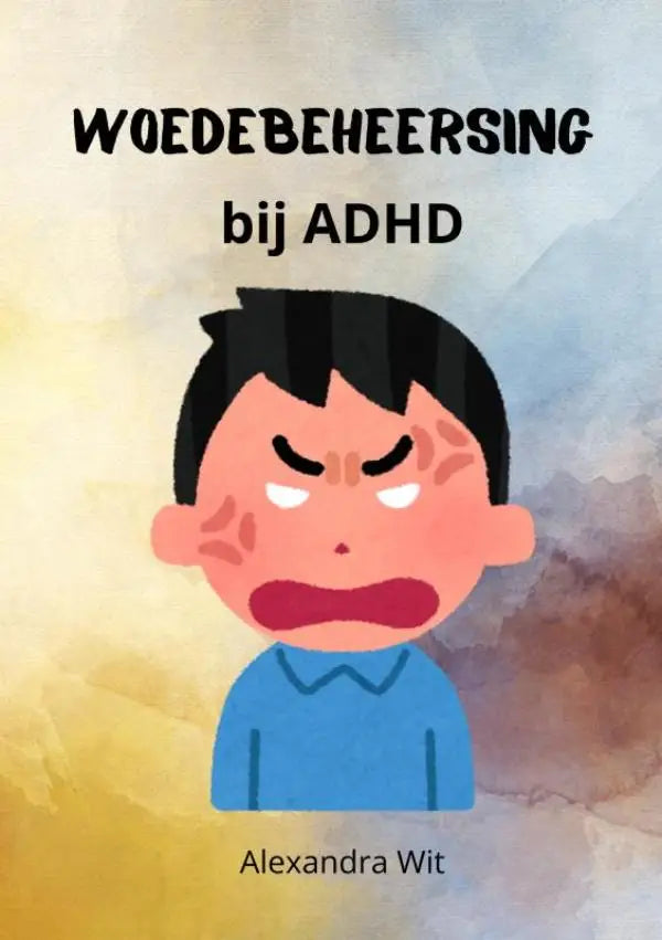 Blauwe cartoonillustratie van een jongen met zwart haar en boze uitdrukking voor jonge lezers over woedebeheersing bij adhd