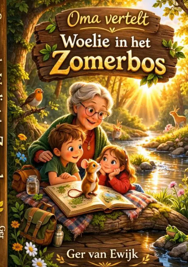 Houten bord met gouden letters oma vertelt woe lie in het zomerbos om jonge lezers te inspireren