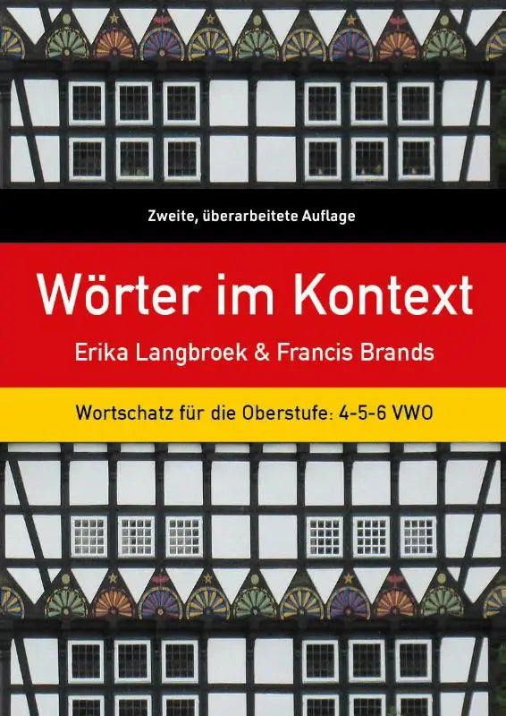 De boekomslag voor Wörter im Kontext toont een roodgele design met zwart tekst en traditionele vakwerkarchitectuur, geschikt voor wortschatz für de bovenbouw