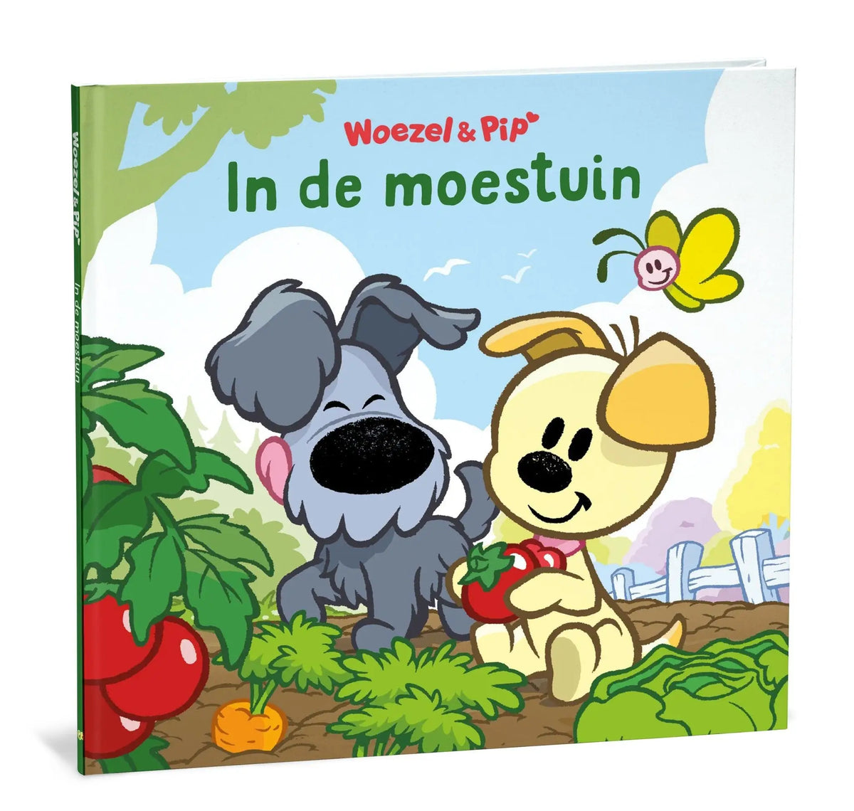 Hardcover kinderboek woezel en pip in de moestuin met cartoonhonden voor jonge lezers in een tuinscène