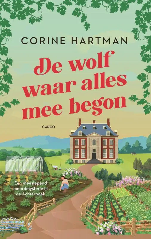 De wolf waar alles mee begon boek met illustratie van een roodstenen landhuis met blauw dak van eva romeijn