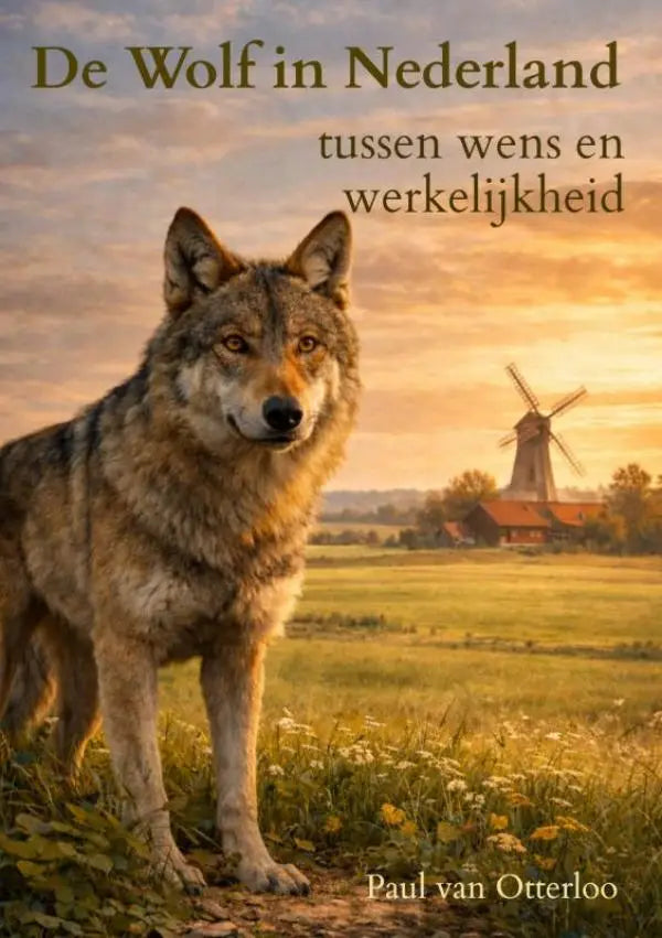 Een realistische illustratie van een grijze wolf met puntige oren en amberkleurige ogen voor een Nederlandse molen