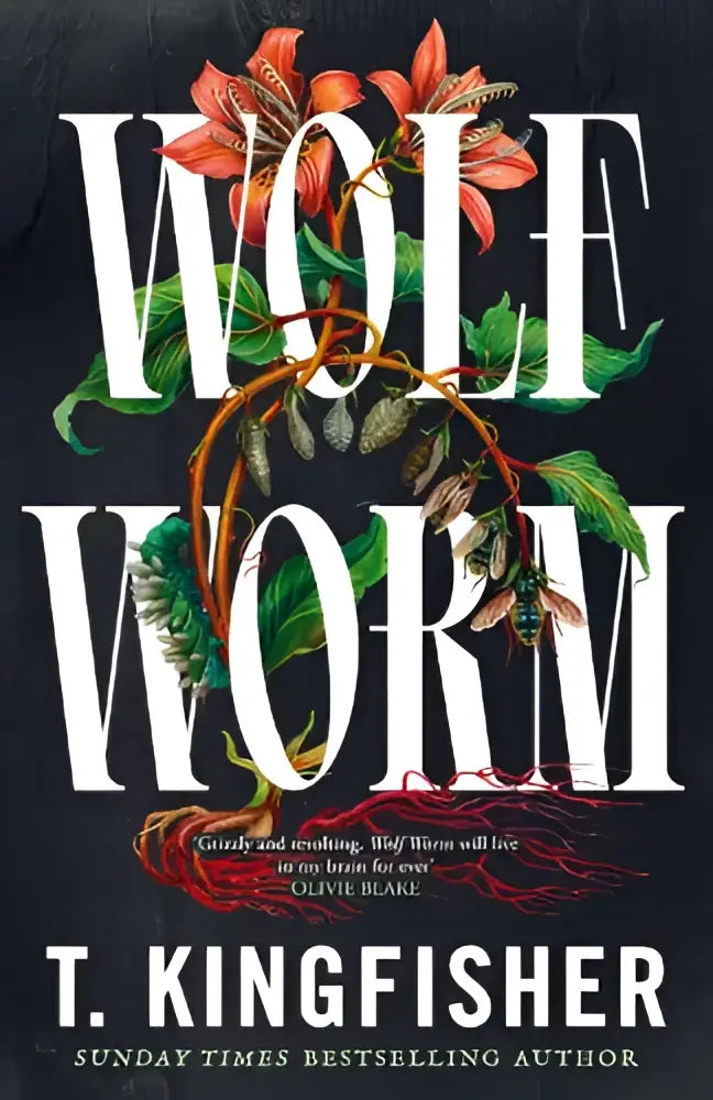 De boekomslag van wolf worm door t toont een donker thema passend bij het horrorboek wolf worm