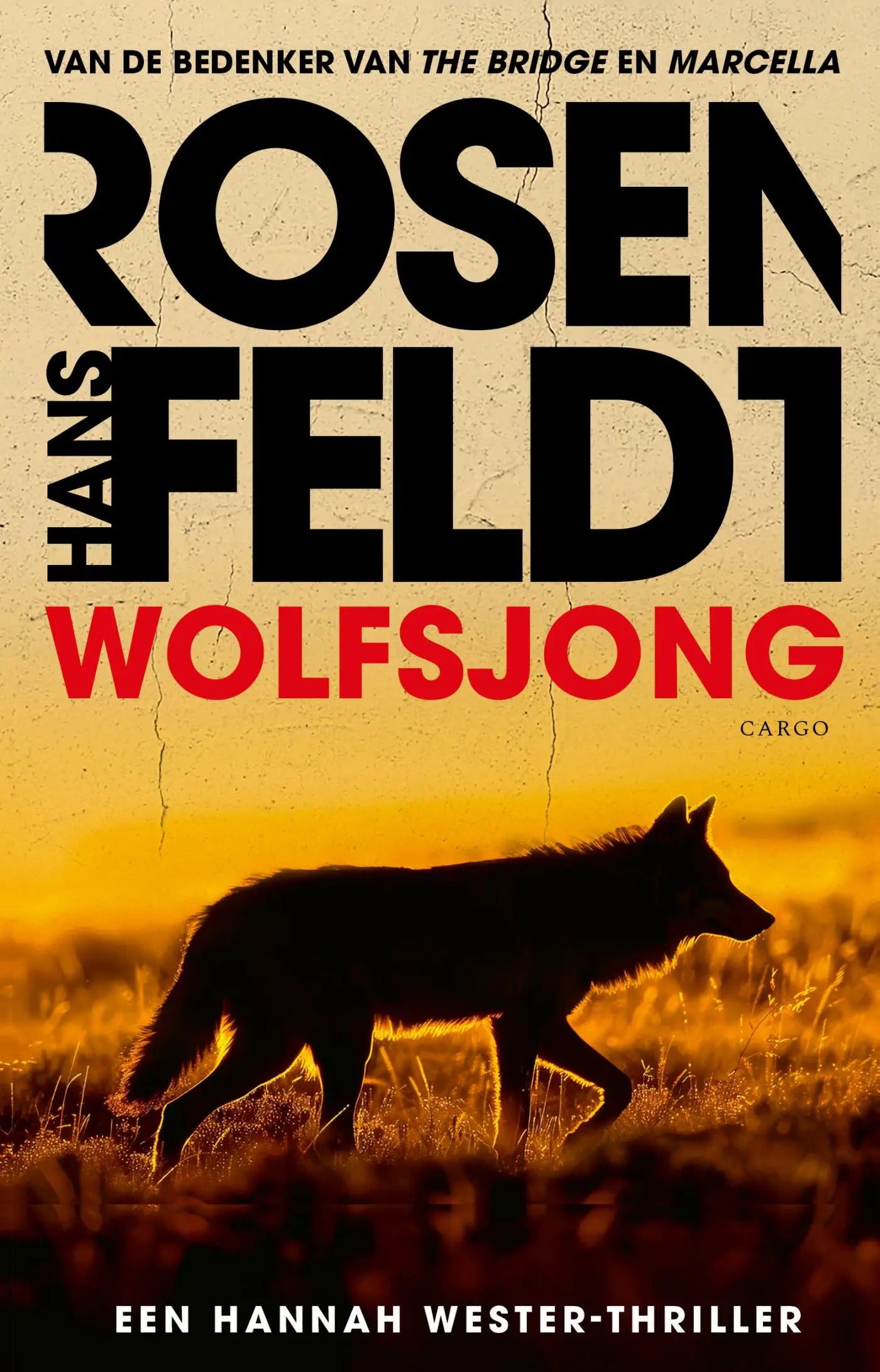 The book cover of wolfsjong by hannah wester shows a silhouette of a wolf against a golden orange sunset