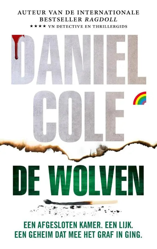 Silvergrijze boekomslag met groene titel de wolven van daniel cole met gescheurde rand, bloeddruppel en regenboogicoon