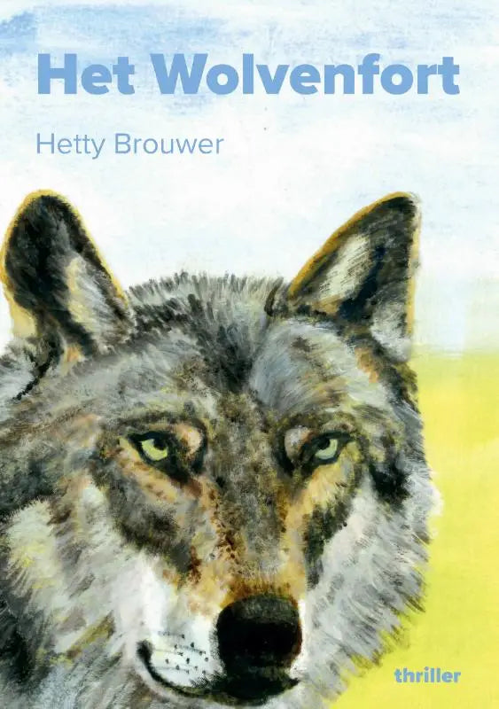 Een gedetailleerde aquarel illustratie van een wolvengezicht met grijs, zwart en wit bont en groene ogen voor het wolvenfort
