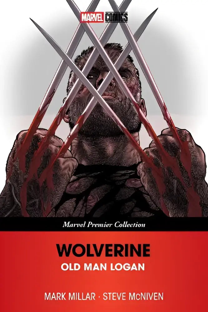 Comicboekcover van old man logan met klauwen uitgestrekt in zwart-wit tegen rode achtergrond marvel premier collection