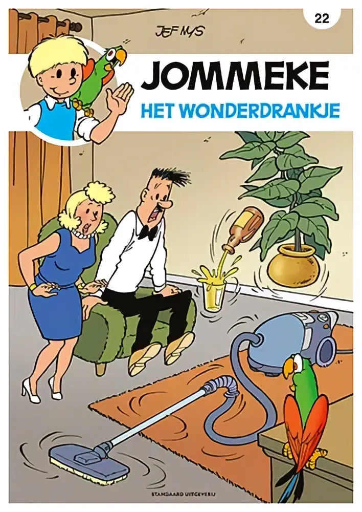 Een blauwgrijze stofzuiger met lange slang op oranje tapijt voor een plant bij het wonderdrankje strips algemeen jef nys
