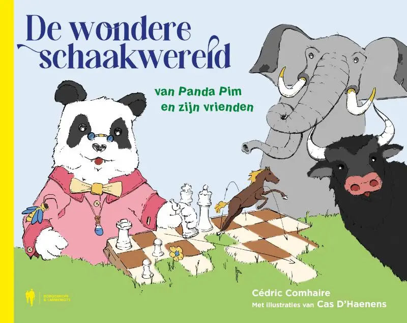 Een cartoon panda pim in een roze jas en strik zit met vrienden bij een schaakbord uit de wondere schaakwereld voor jonge lezers