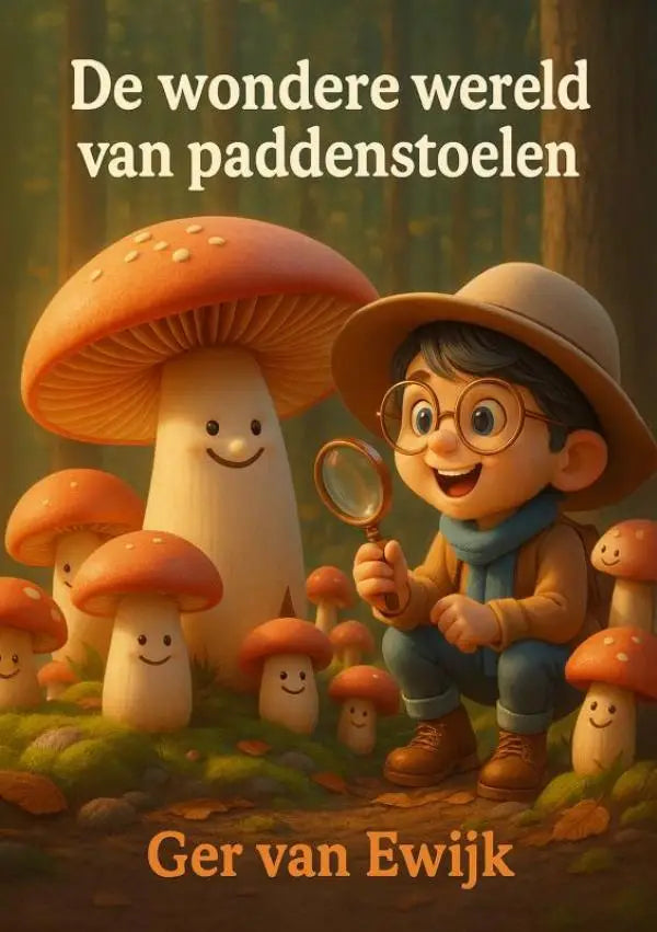 De cover van het kinderboek de wondere wereld van paddenstoelen toont een jongen met vergrootglas naast oranje paddenstoelen