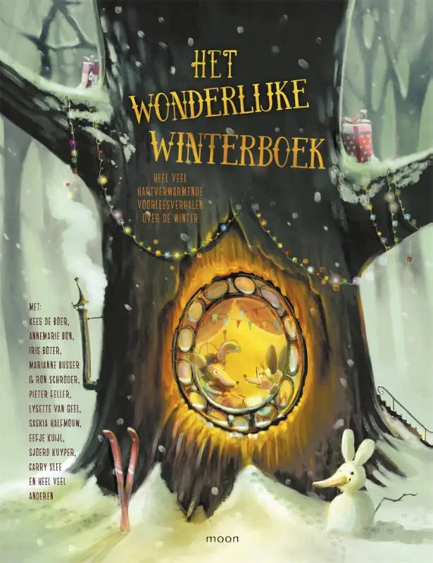 De cover van het wonderlijke winterboek toont een getekende boom met sneeuw en een verlicht raam met een gezellige binnenkant