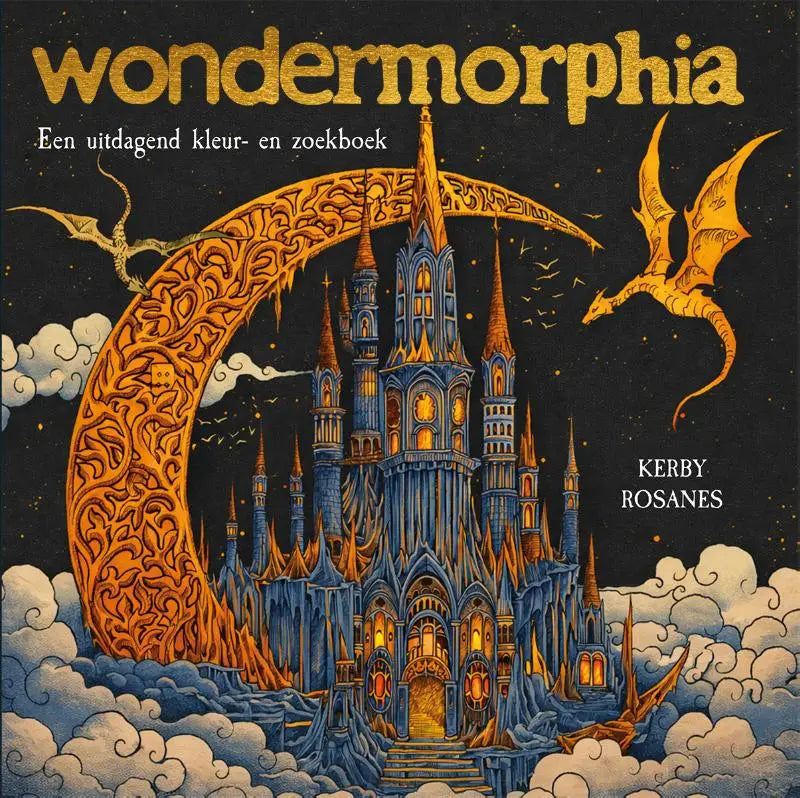 Fantasy boekcover wondermorphia met een majestueus blauw kasteel met gouden torens en verborgen elementen