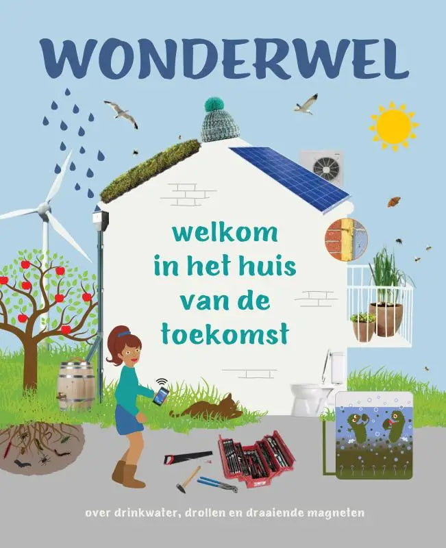 White house met groen mosdak, blauwe zonnepanelen en een gebreide muts in wonderwel huis van de toekomst