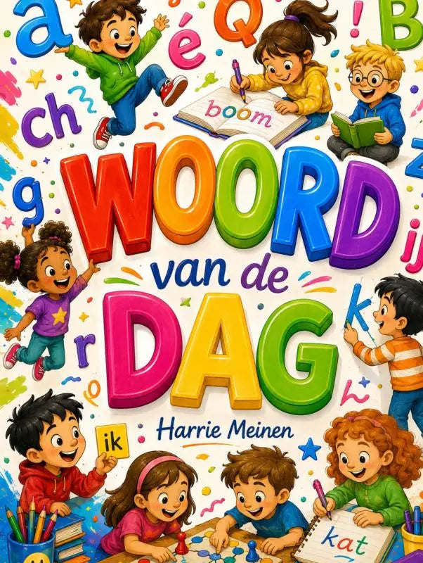 Vrolijke kindervriendelijke boekcover met kleurrijke 3d-letters woord van de dag voor dagelijkse oefening