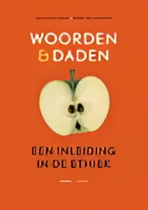 De boekcover van woorden & daden toont twee witte appelhelften op een oranje achtergrond met koninklijke boom uitgevers tekst
