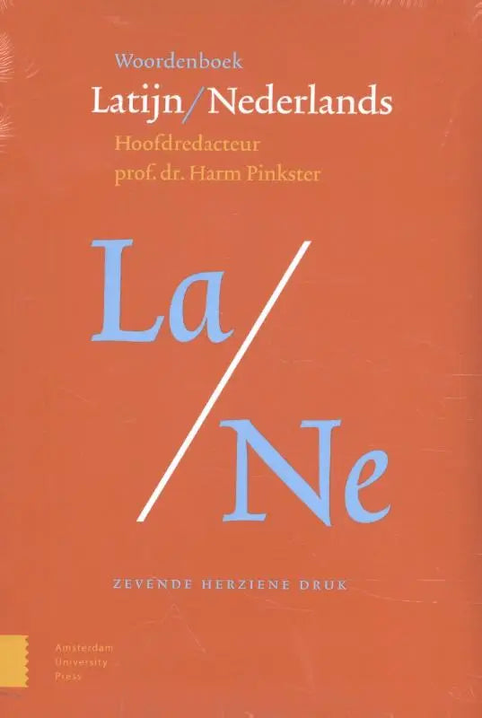 Oranje hardcover woordenboek latijn Nederlands met lichtblauwe tekst la ne en uitgever harm pinkster amsterdam university press