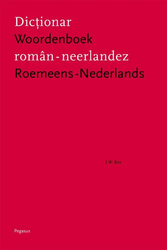 Woordenboek roemeens-nederlands jan willem bos met rode kaft en witte en zwarte tekst voor taalleerders