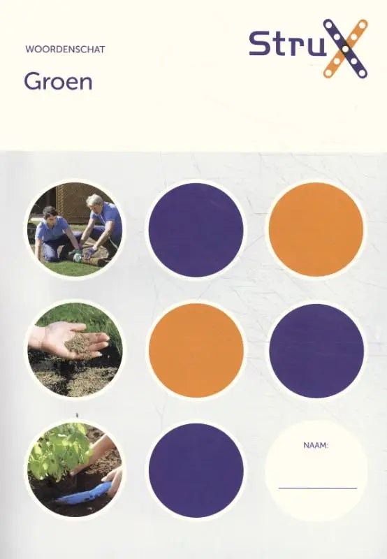 Beeld van woordenschat groen met kleurenpalet van twee paarse en een oranje cirkel en tuinfoto’s