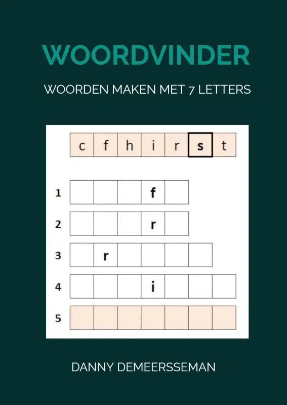 Tealkleurige woordvinder puzzelboek met een raster en genummerde rijen voor zevenletterwoorden maken