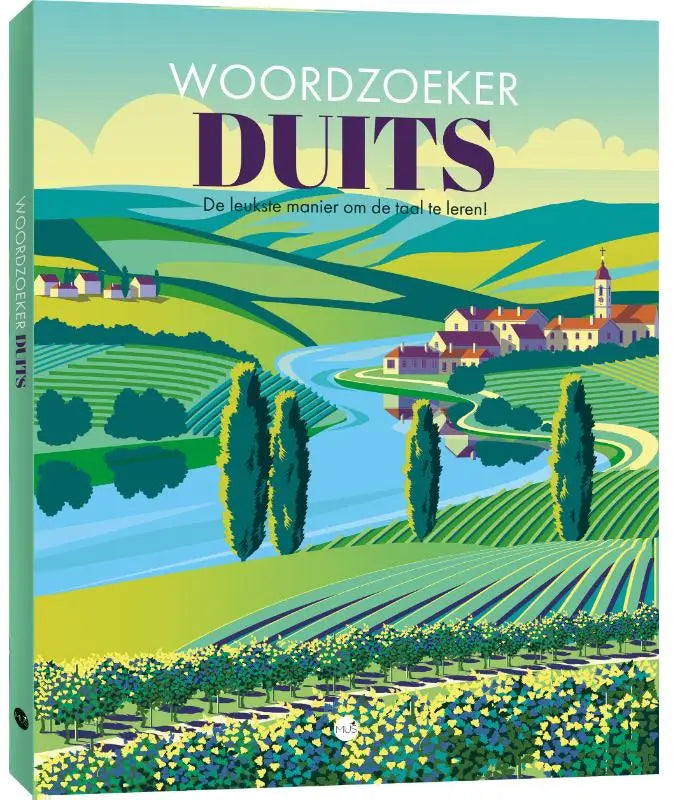 Een levendige geïllustreerde boekcover van woordzoeker duits met glooiende groene heuvels en een kabbelende rivier