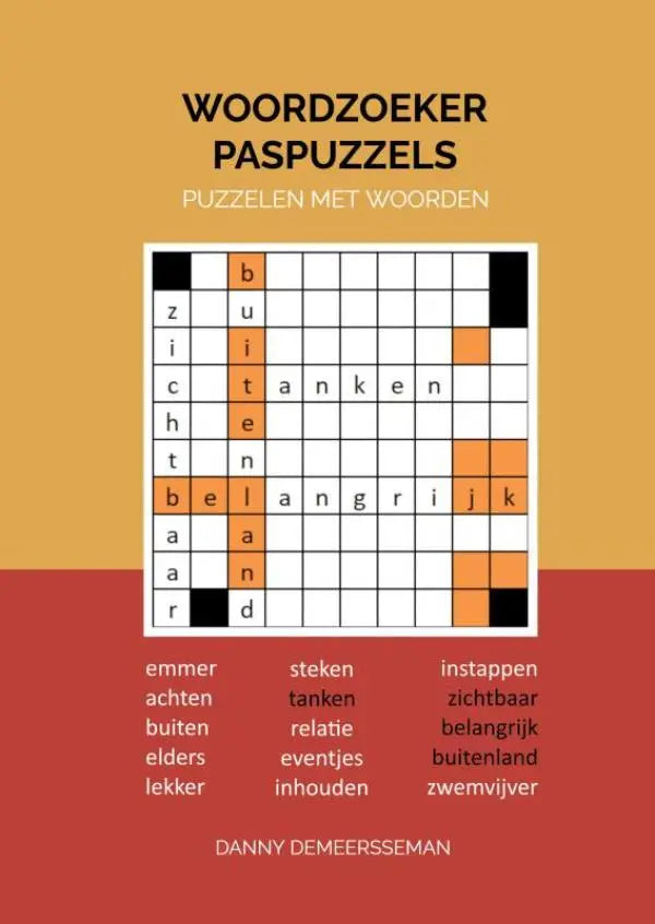 Oranje-witte woordzoeker paspuzzels boekomslag met gedeeltelijk ingevulde kruiswoordraadselraster voor puzzelliefhebbers