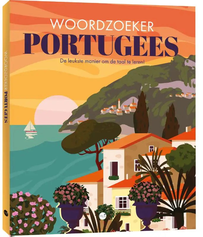 Een kleurrijke geïllustreerde boekcover voor woordzoeker portugees met een kustdorp en oranje zonsondergang