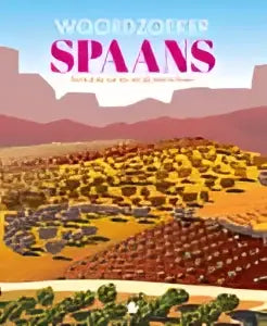 Illustratie van een woordzoeker spaans met kleurrijke terrassen van sinaasappelboomgaarden onder een zachtroze en paarse lucht