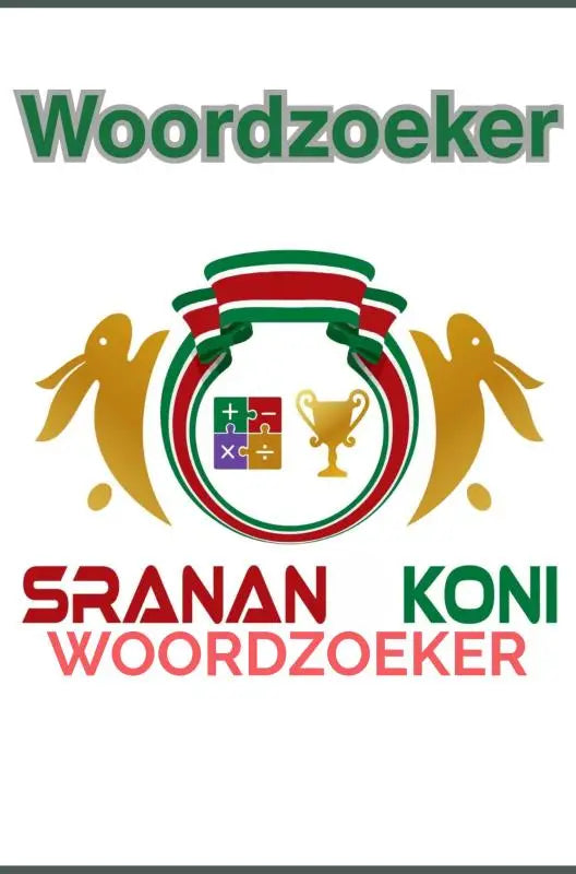 The logo of woordzoeker sranan koni features a circular emblem with red white and green stripes and colorful puzzle pieces