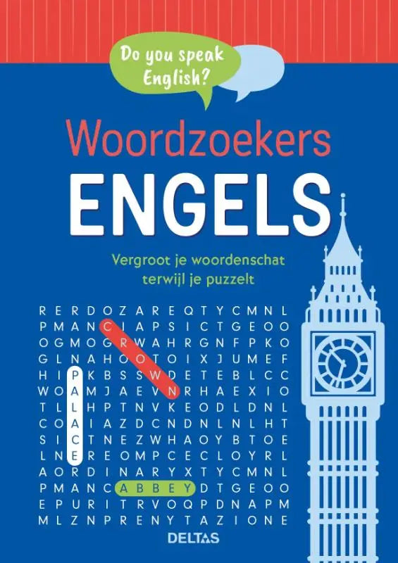 Blauw woordzoekers engels woordzoekboek met witte big ben en rood do you speak english tekst voor woordenschat verbeteren