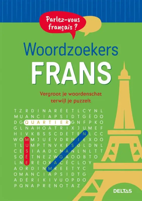 Groen woordzoekers frans puzzelboek met gele eiffeltoren en rode spraakbellen parlez-vous français voor binnen franse taal