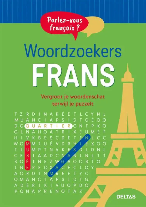 Groene woordzoekers frans puzzelboek met gele eiffeltoren illustratie en blauwe gestreepte bovenrand voor woordenschatvergroting