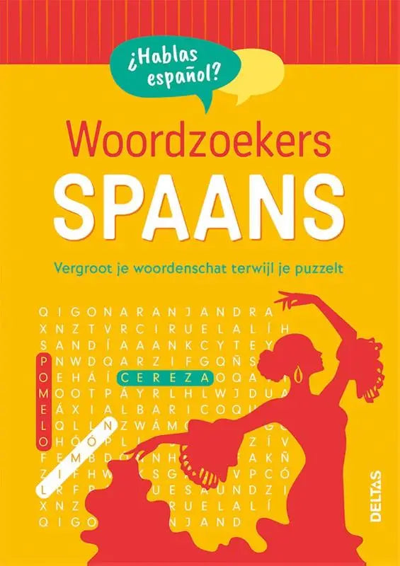 Vibrante gele omslag van woordzoekers spaans met rode flamencodanser silhouetten en titel woordzoekers spaans