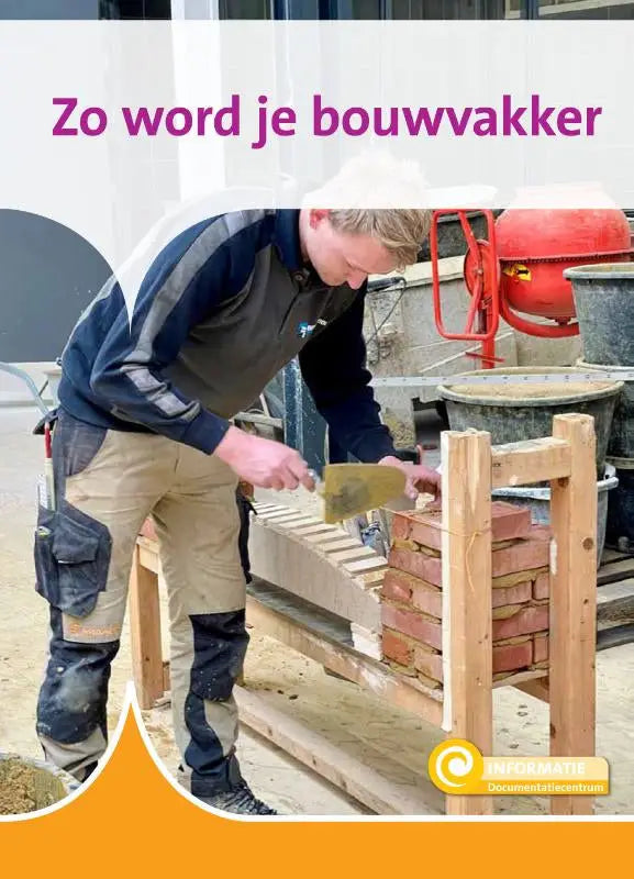 Een man in een blauwe werkjas met beige cargobroek gebruikt een gele troffel om rode stenen te metselen in bouwvakker gids