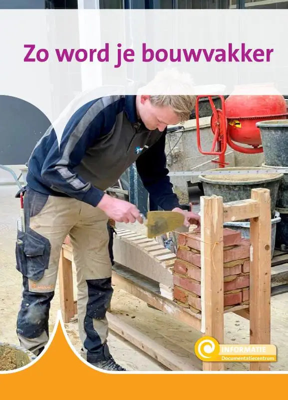 Een man in een donkerblauw grijs werkjasje brengt met een gele troffel mortel aan tussen rode bakstenen voor jonge lezers