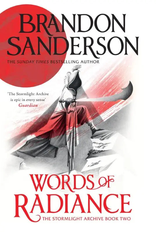 Rood en zwart geïllustreerd boekomslag van stormlight archive boek twee words of radiance met krijger en zwaard