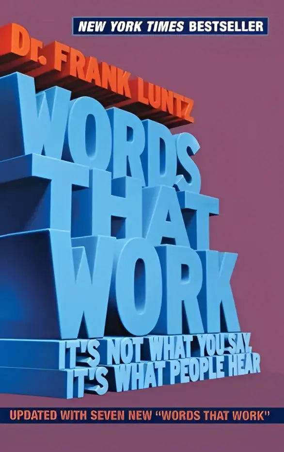 Blauwe 3d-boekomslag met oranje tekst words that work van dr in het boek words that work het gaat erom wat mensen horen