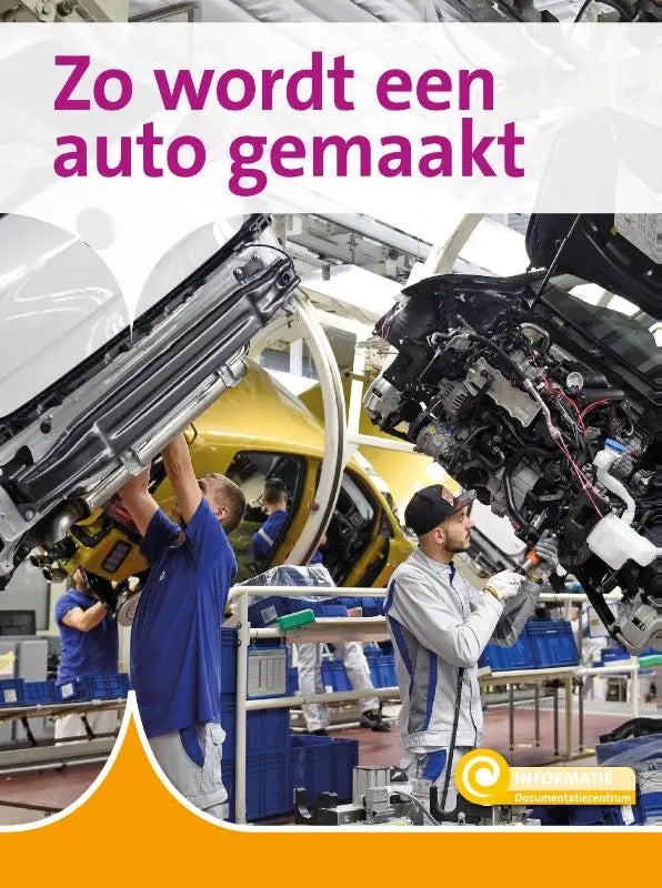 Zo wordt een auto gemaakt met een witte carrosserie in productie en werknemers in blauwe en grijze uniformen