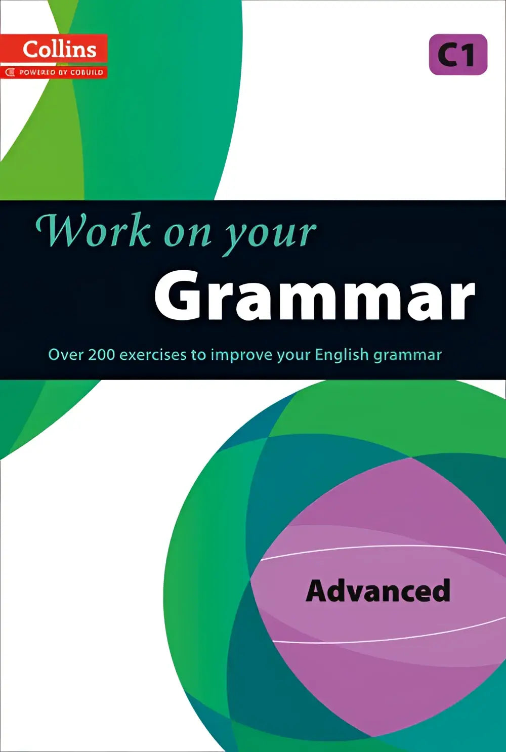 Werkboek collins c1 advanced grammar met groen en paars cirkeldesign voor gevorderde grammaticaoefeningen
