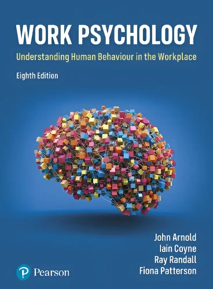 De boekcover van work psychology toont een kleurrijke hersenillustratie van verbonden kubussen op blauwe achtergrond