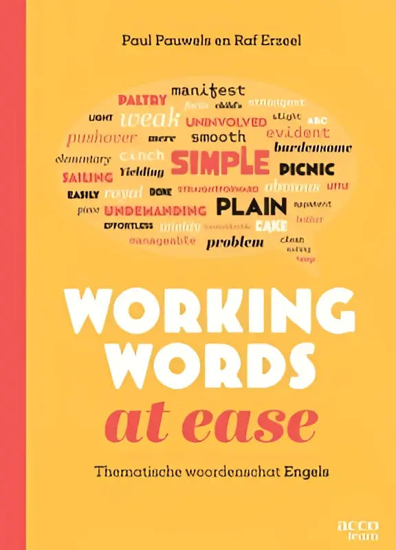 De boekcover van working words at ease toont een gele achtergrond met thematische woordenschat engels in een woordwolk