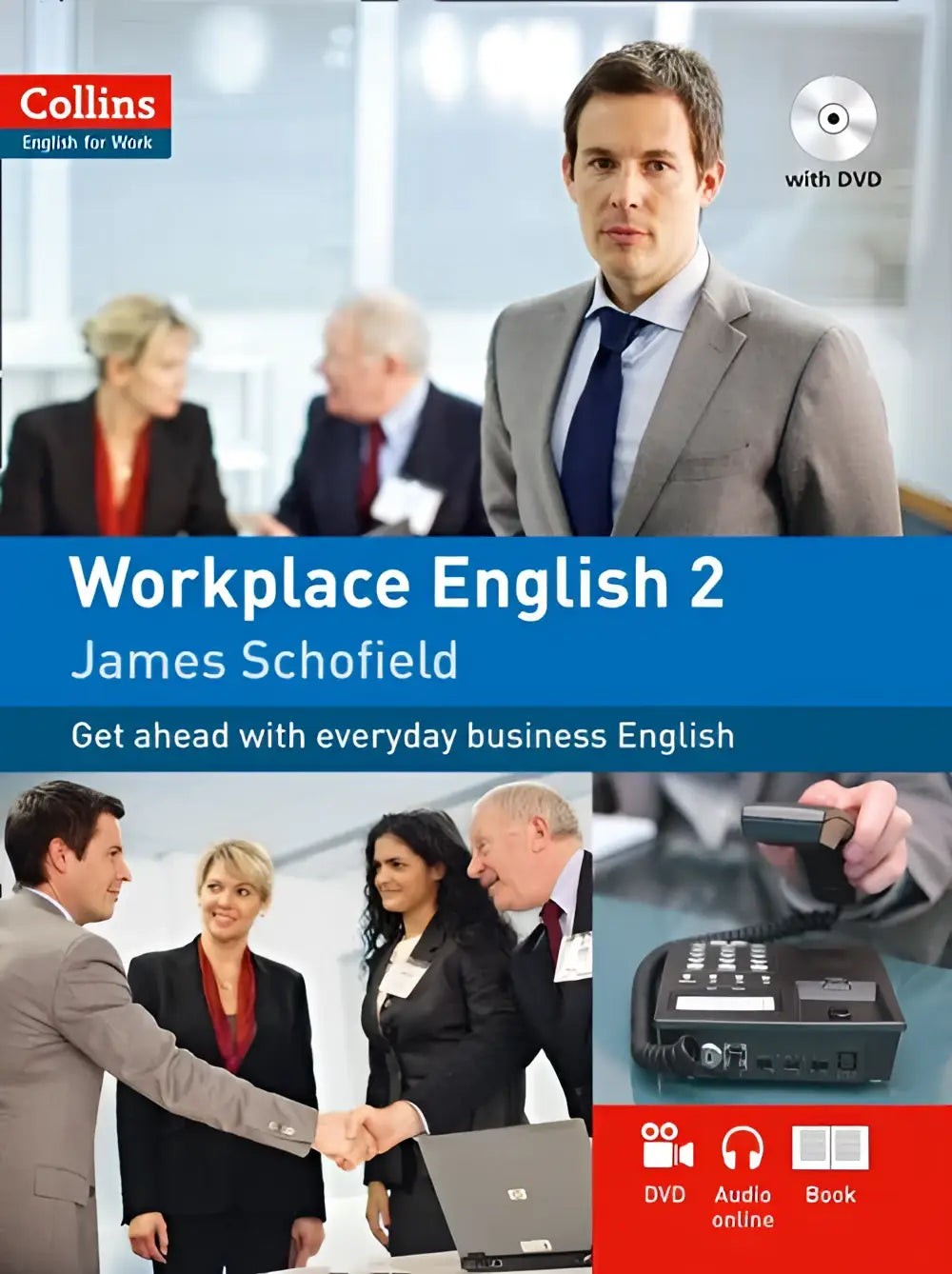 Workplace english 2 a2 first edition textbook with dvd featuring a man in grey suit and blue tie on cover