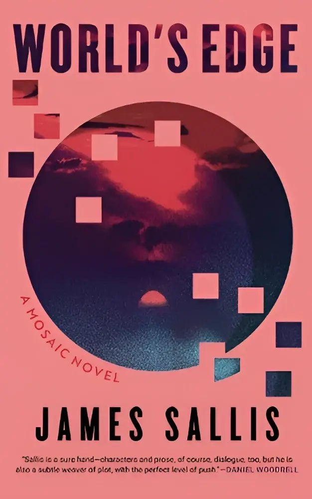 De boekcover van worlds edge door james sallis toont een moedig gezicht in een cirkelvormig ontwerp voor de mosaic novel worlds edge