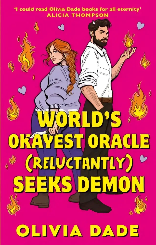Boekcover met een levendige roze achtergrond en gele tekst voor world’s okayest oracle die zoekt demon van olivia dade