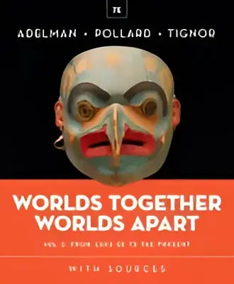 The book worlds together worlds apart features a colorful wooden mask with bold red and black accents on the cover