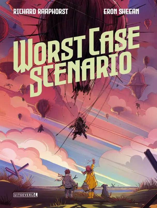 De cover van de graphic novel worst case scenario toont een kleurrijke illustratie met luchtballonnen in een roze paarse lucht