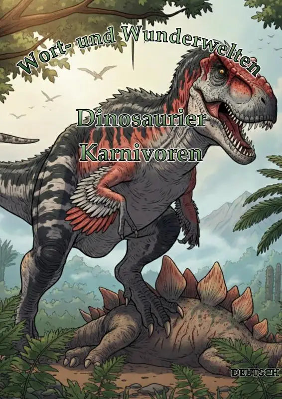 De cover van wort- und wunderwelten toont een grijsrode tyrannosaurus rex boven een stegosaurus in een prehistorisch bos voor jonge lezers