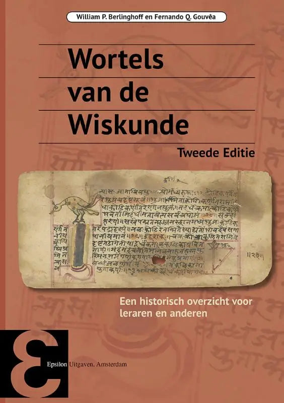 Cover van wortels van de wiskunde met verouderd manuscript en figuur met staf voor leraren en geïnteresseerden