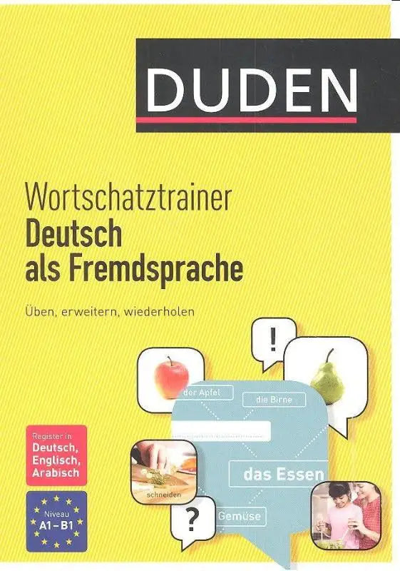 Gele wortschatztrainer deutsch als fremdsprache niveau a1-b1 met kleurrijke illustraties van fruit en voedselwoorden
