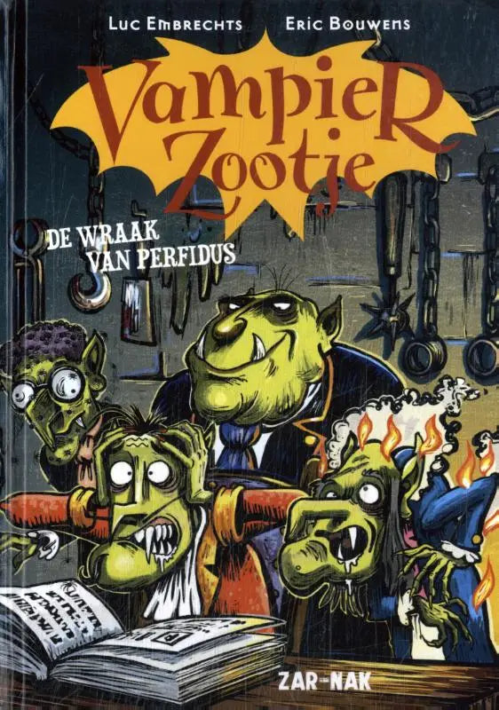 De cover van het stripboek vampier zootje de wraak van perfidus toont groene vampiers in pakken voor jonge lezers
